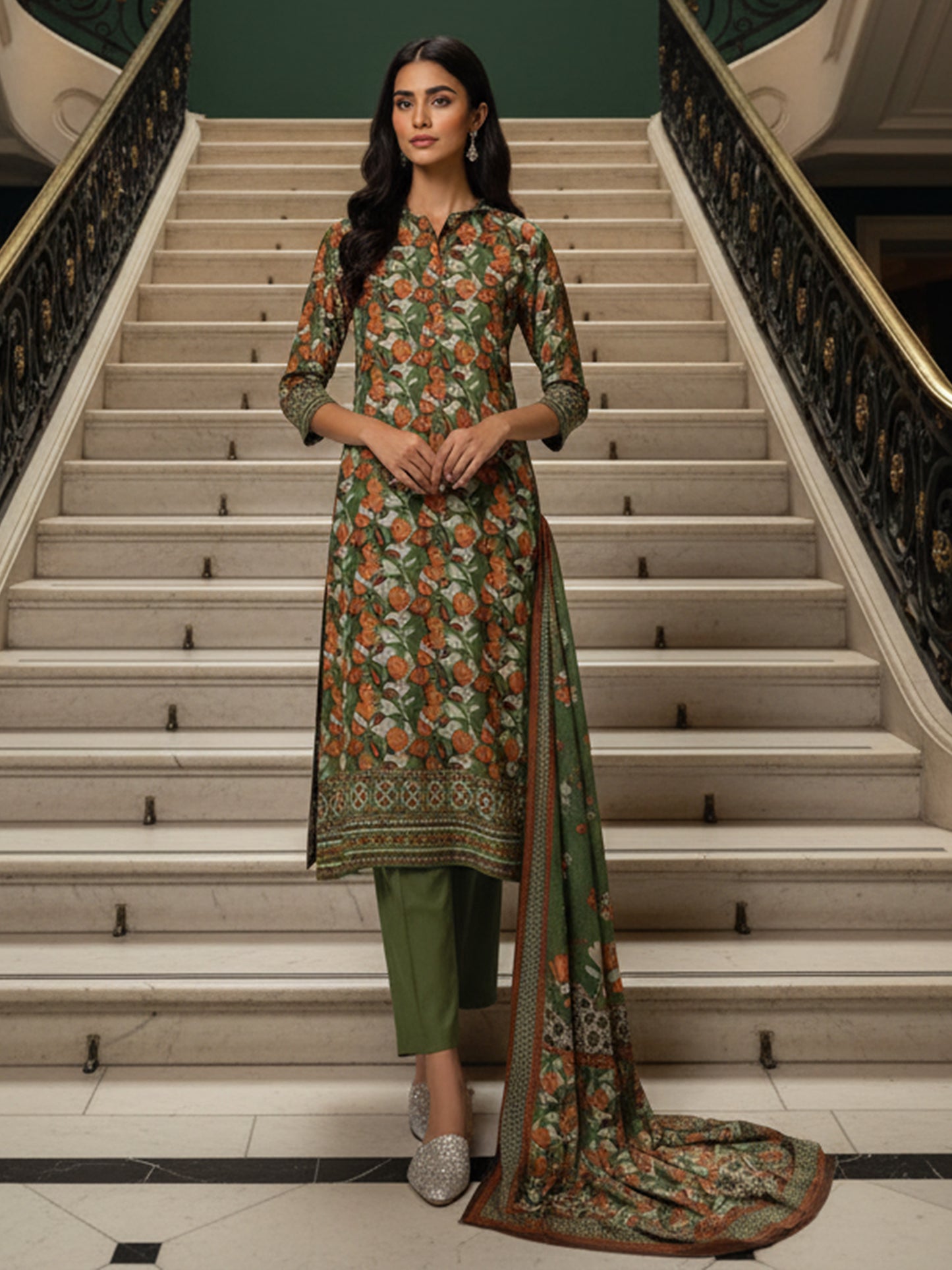 Sapphire Botanical Foliage: Dhanak 3PC Suit - Traditional Print with Dyed Trouser