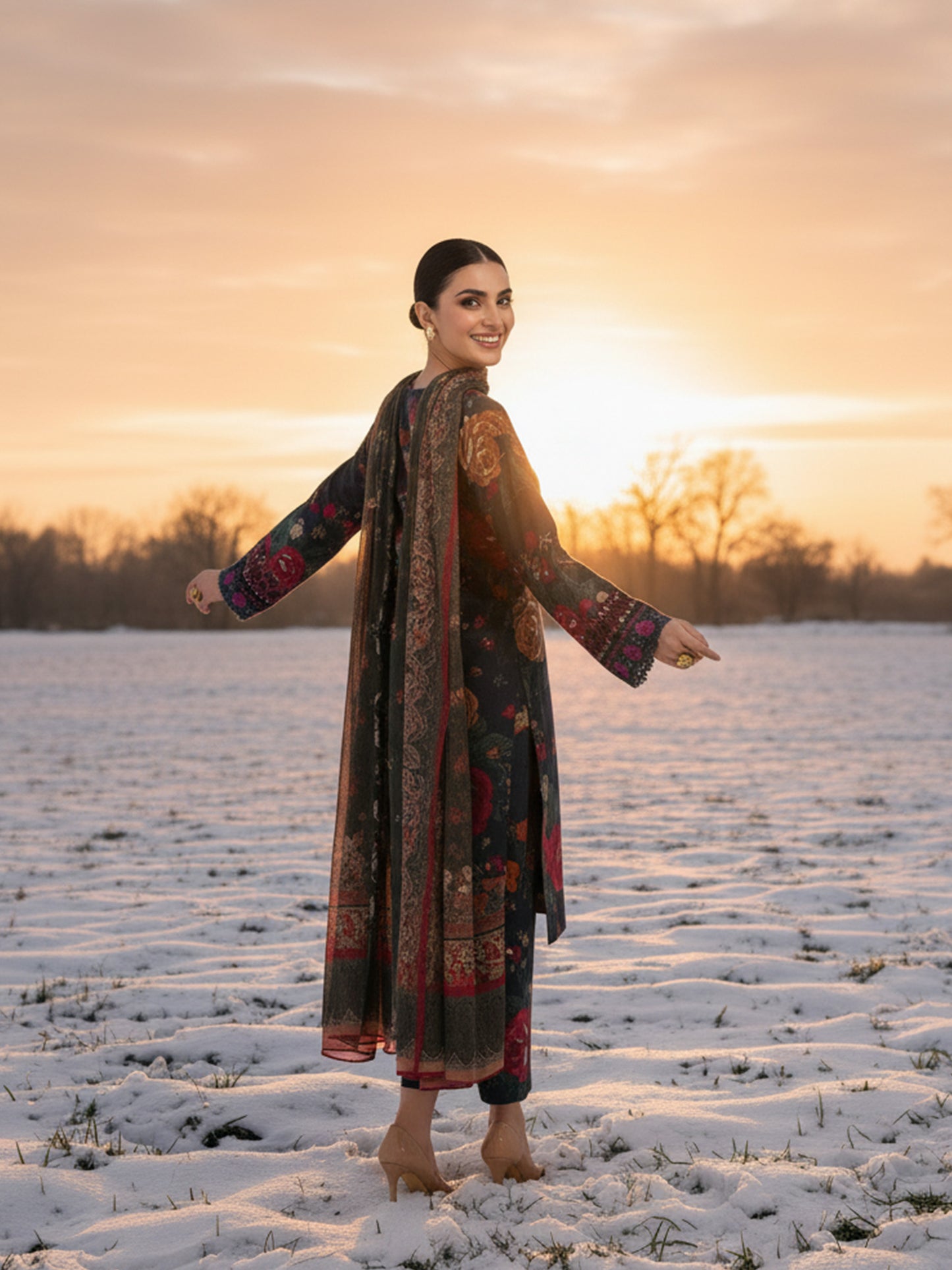 BAROQUE Midnight Mosaic: Dark Dhanak 3PC Digital Suit - Floral & Animal Print Fusion