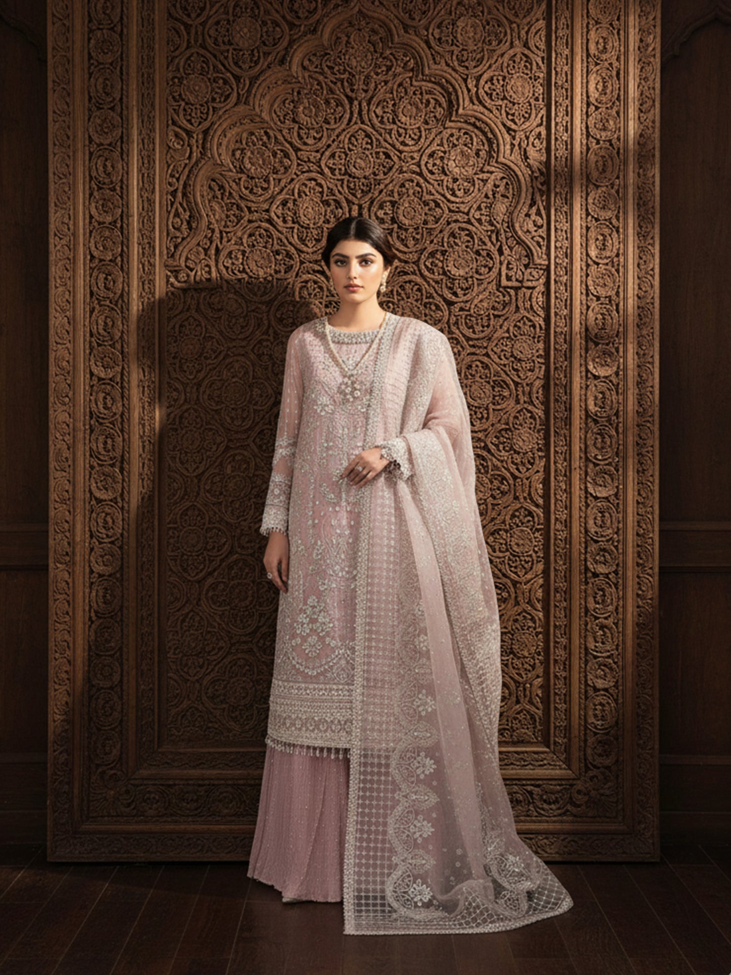 Heavy Sequins & Hand Work Formal Suit | Ready-to-Wear Cutwork Organza Dupatta & Latkans