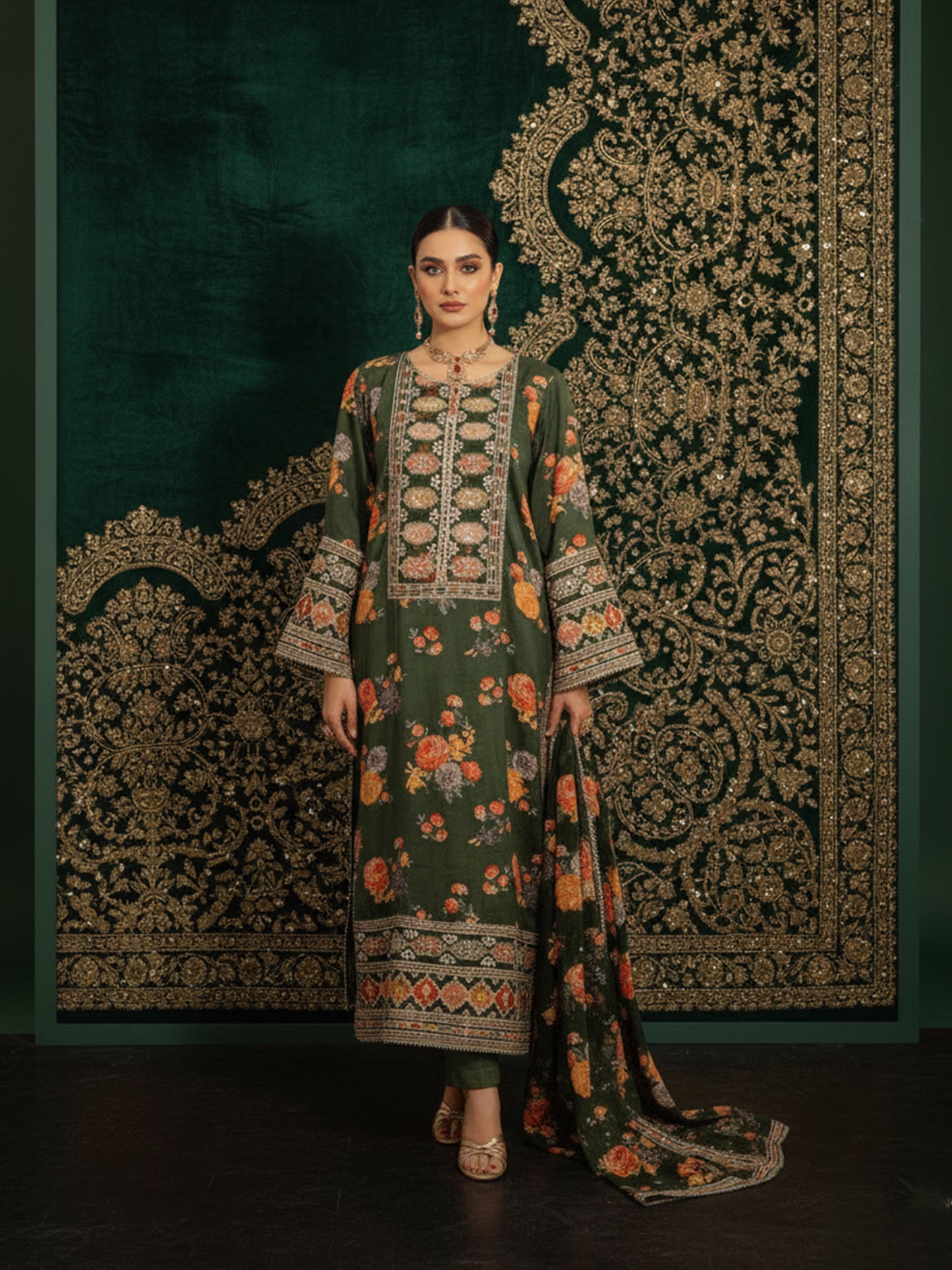 Aneelas Collection | Most Hit Design Silk Digital Printed Suit with Heavy Cut Work Embroidery