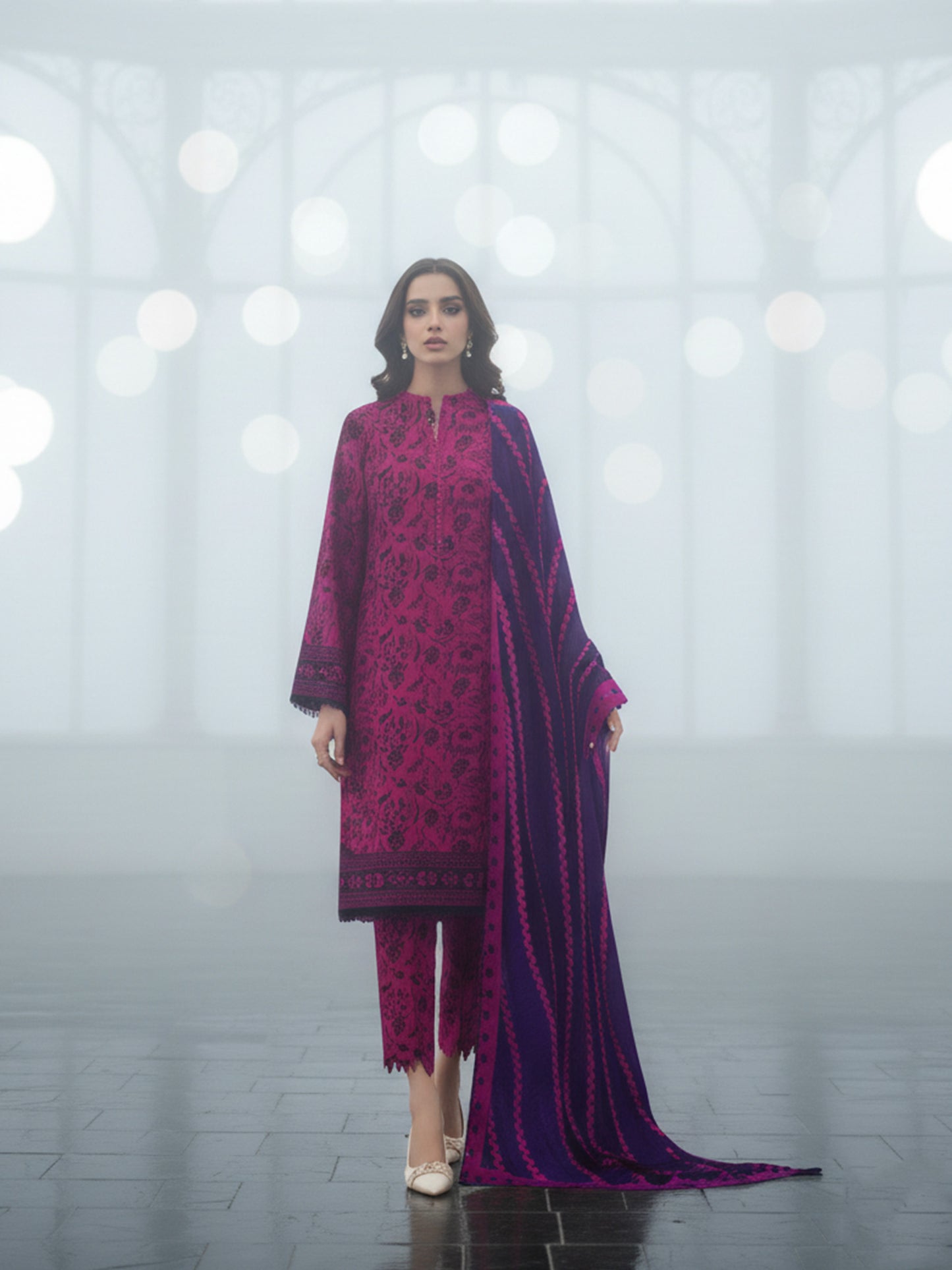 Nishat Fusion Motifs: Bold Dhanak 3PC Digital Suits - Striking Winter Colors