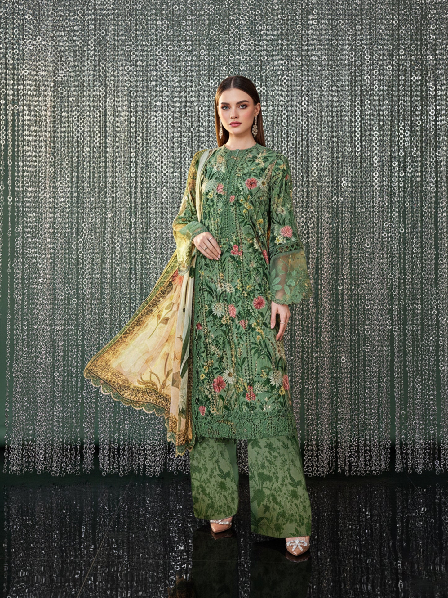 MARIA B. Terracotta Trails: Printed Dhanak 3PC Suit - Lined Print & Warm Earthy Hues