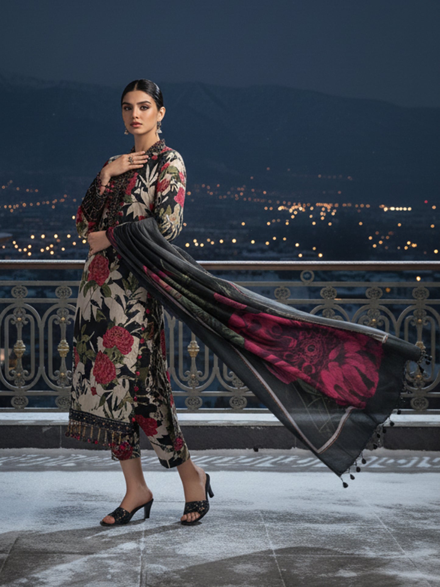 BAROQUE Scarlet Noir: Designer Dhanak 3PC - Black Base with Mega-Floral Dupatta Print