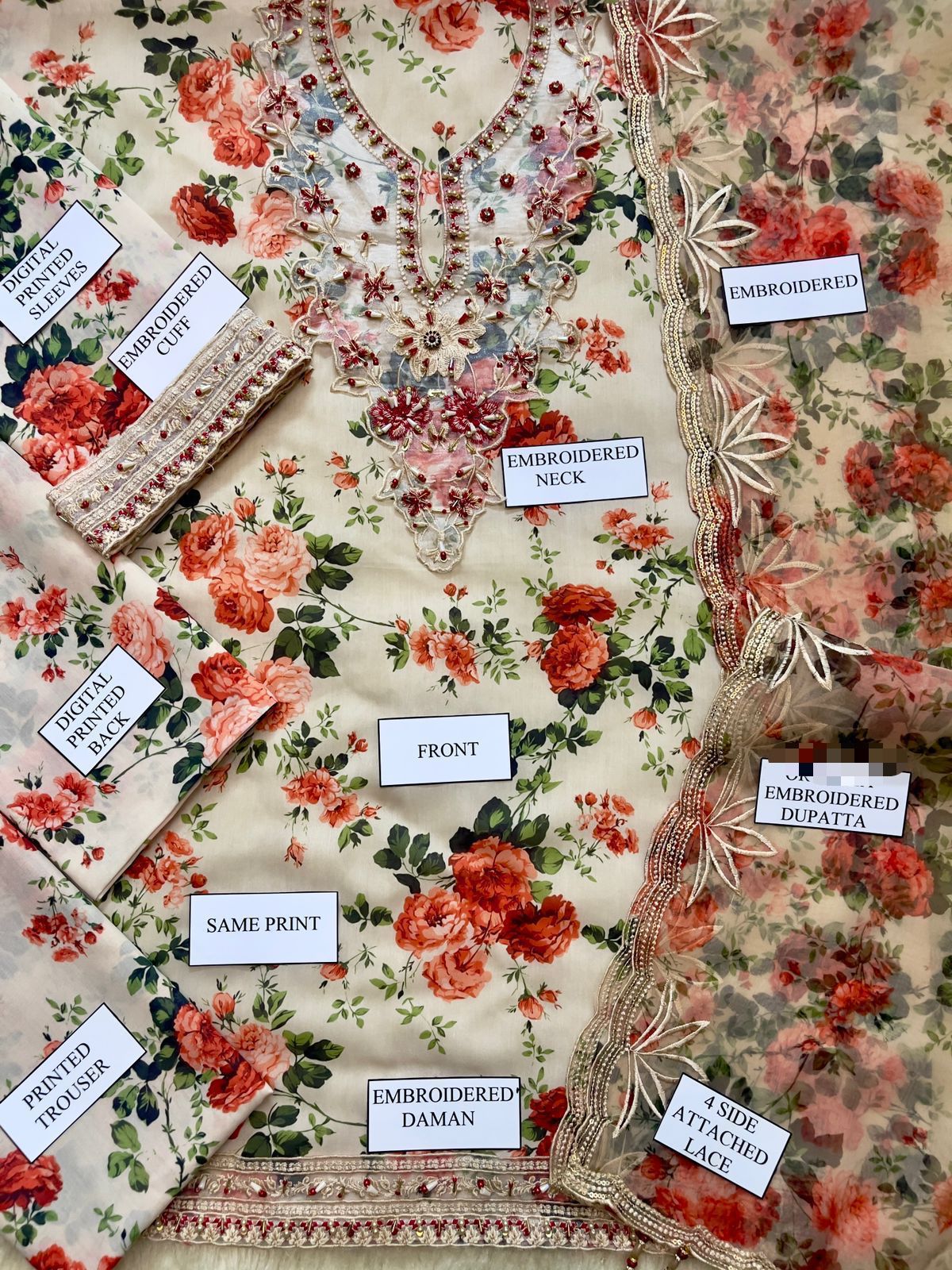 Vaniya – 3 Piece Floral Swiss Lawn with Embroidered Organza Dupatta