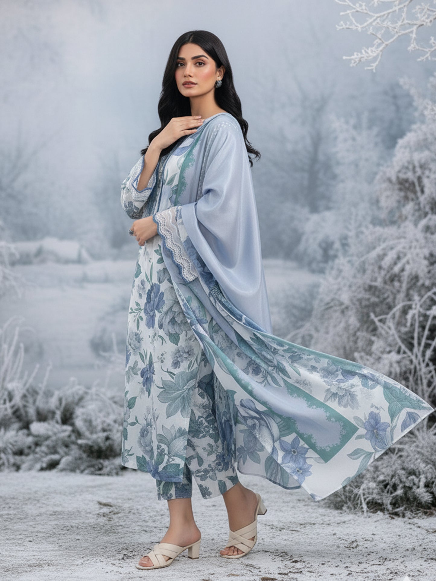 BAROQUE Lustrous Bloom: Designer Dhanak 3PC Suit - Muted Floral with Silk-Finish