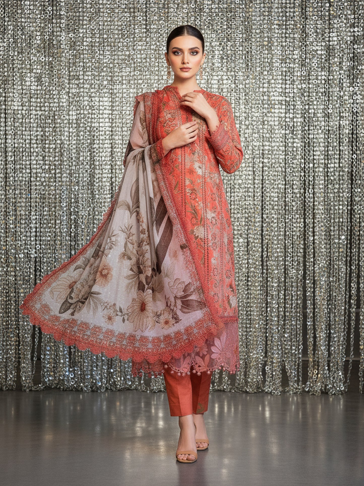 MARIA B. Terracotta Trails: Printed Dhanak 3PC Suit - Lined Print & Warm Earthy Hues