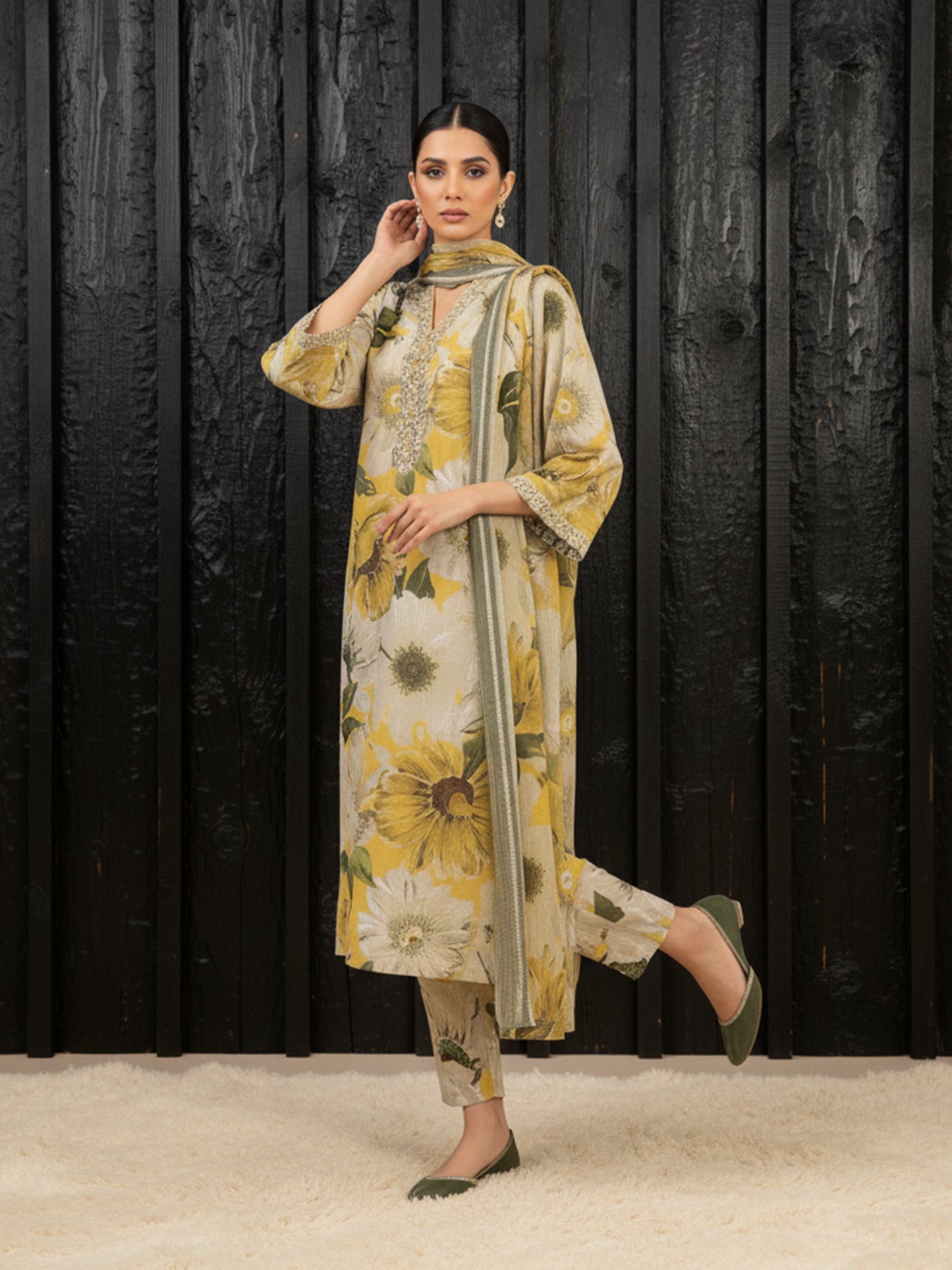 IZNIK Dahlia Abstract: Printed Dhanak 3PC Suit - Bold Floral with Geometric Stripe Dupatta