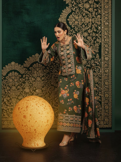 Aneelas Collection | Most Hit Design Silk Digital Printed Suit with Heavy Cut Work Embroidery