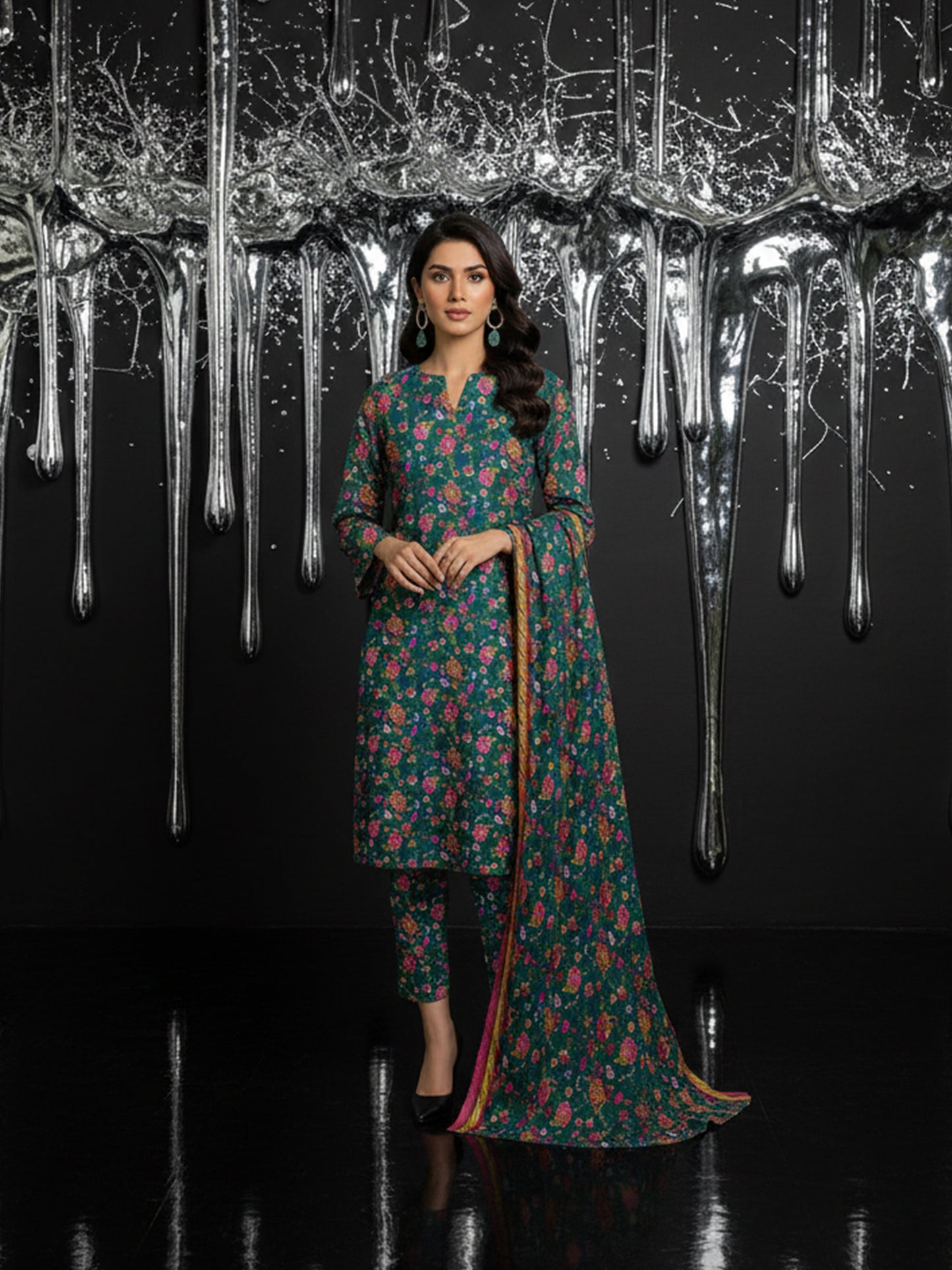 IZNIK Winter Bouquet: Classic Dhanak 3PC Suit - Dense Floral Print with Contrast Border