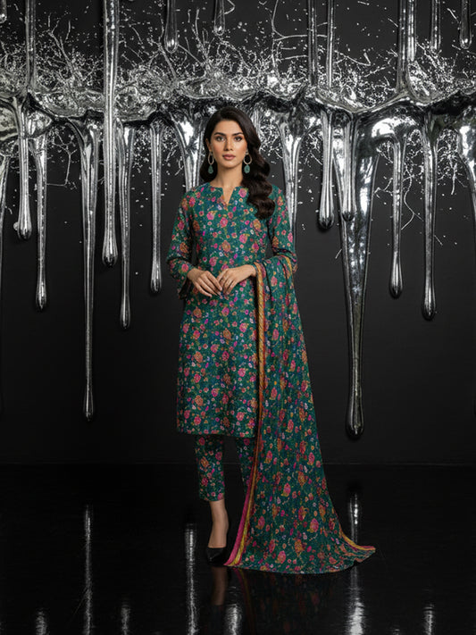 IZNIK Winter Bouquet: Classic Dhanak 3PC Suit - Dense Floral Print with Contrast Border