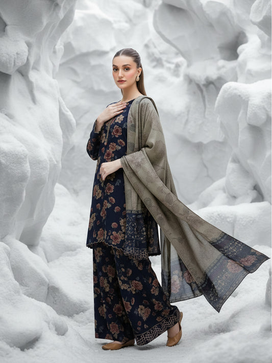 BAROQUE Vintage Navy: Dhanak 3PC Suit - Dark Floral Print with Contrast Khaki Dupatta