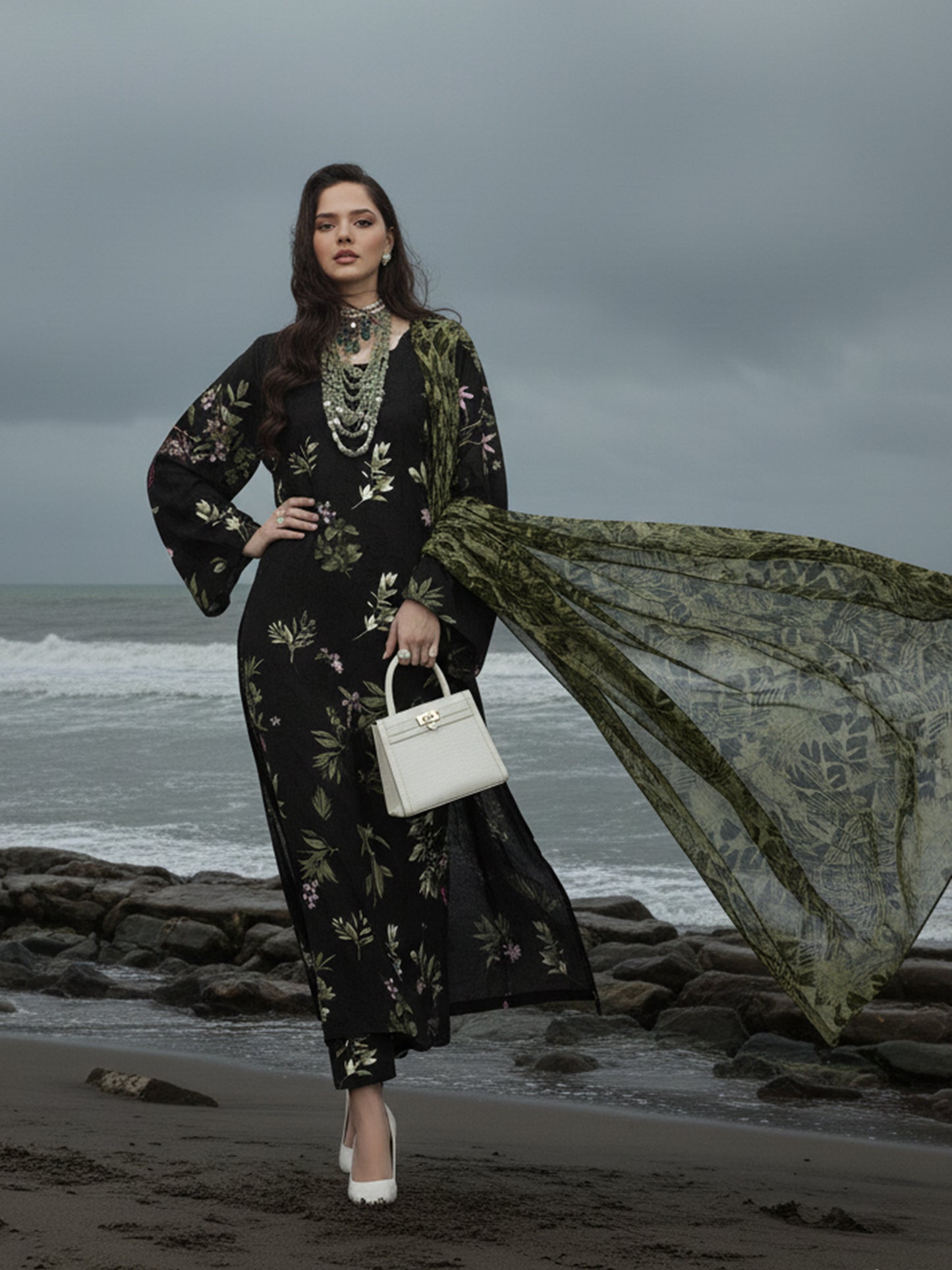 BAROQUE Tropical Grid: Modern Dhanak 3PC Suit - Bold Base with Geometric Foliage Print