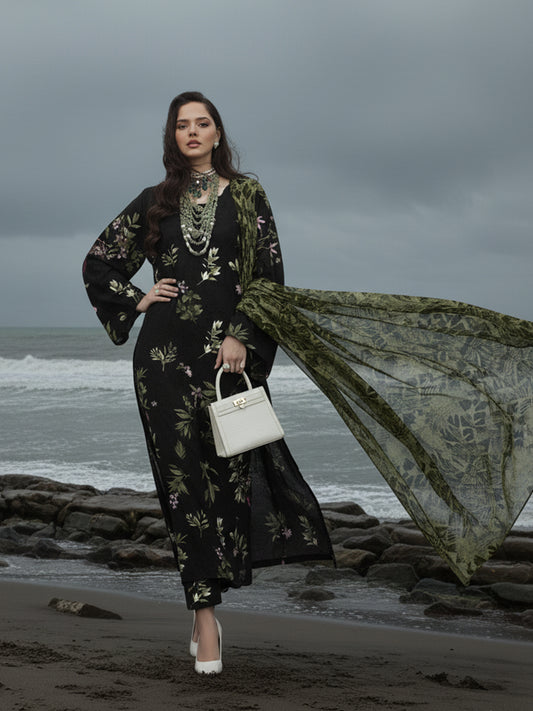 BAROQUE Tropical Grid: Modern Dhanak 3PC Suit - Bold Base with Geometric Foliage Print