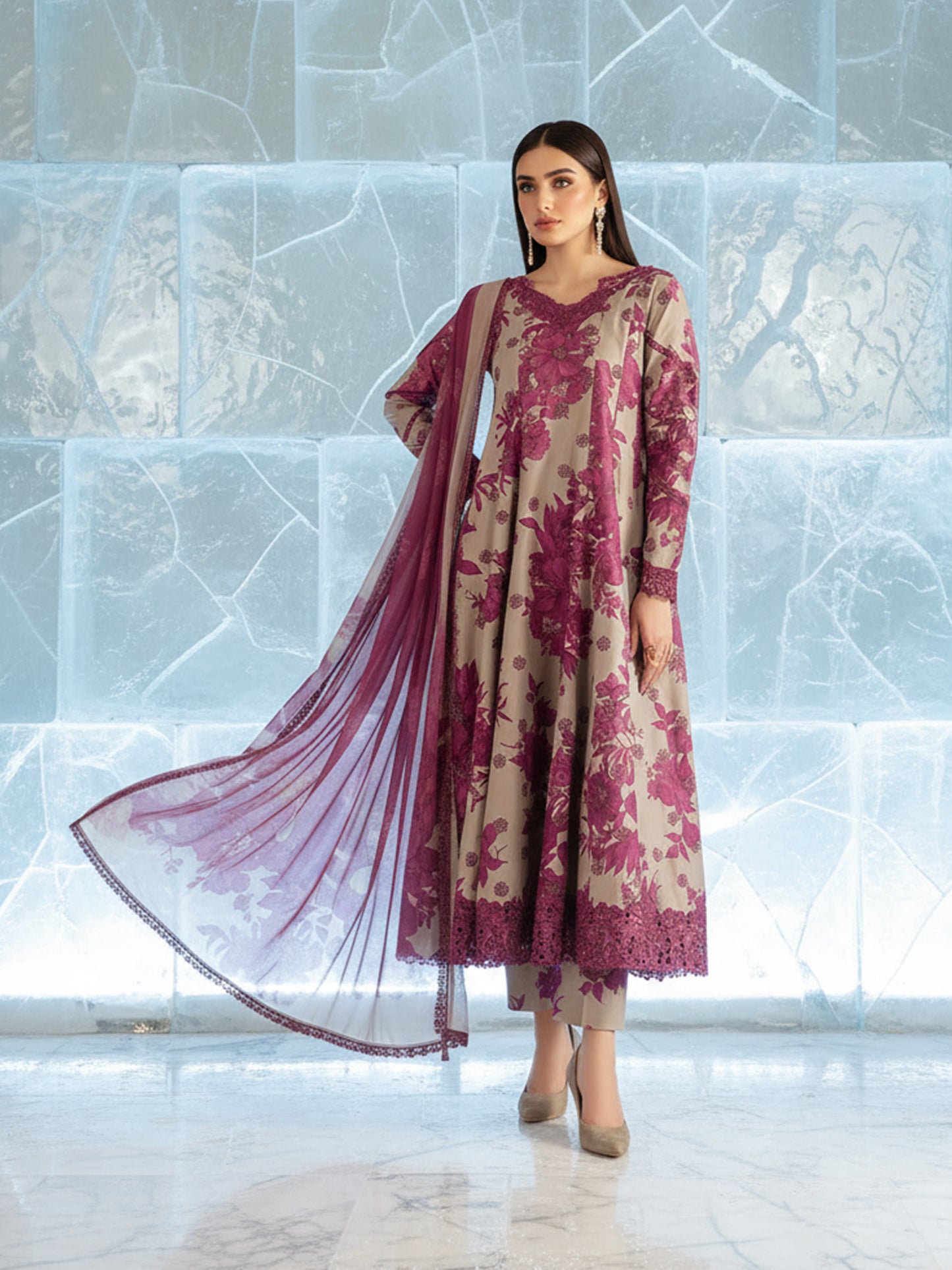 IZNIK Monochrome Grandeur: Dhanak 3PC Suit - Watercolour Large Floral Print