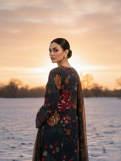 BAROQUE Midnight Mosaic: Dark Dhanak 3PC Digital Suit - Floral & Animal Print Fusion