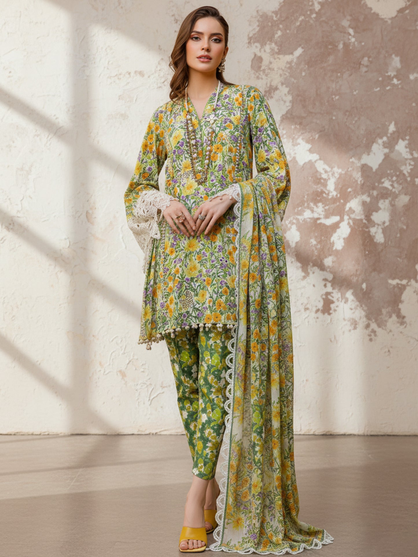 MARIA B. Bohemian Rhapsody: Printed Dhanak 3PC Suit - Vibrant All-Over Floral Design