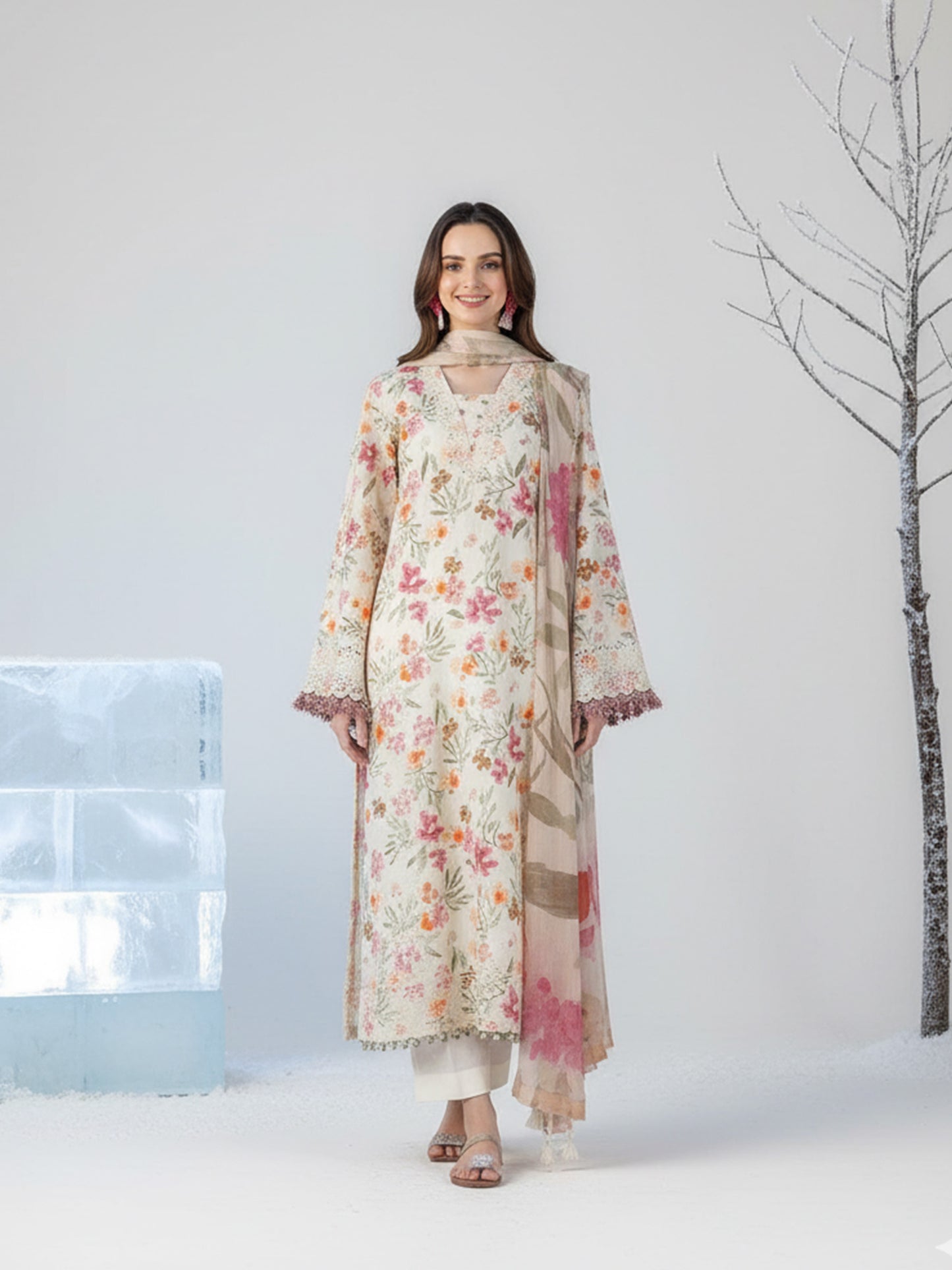 CRIMSỌN Serene Garden: Designer Dhanak 3PC Suit - Printed Shirt/Dupatta, Plain Trouser