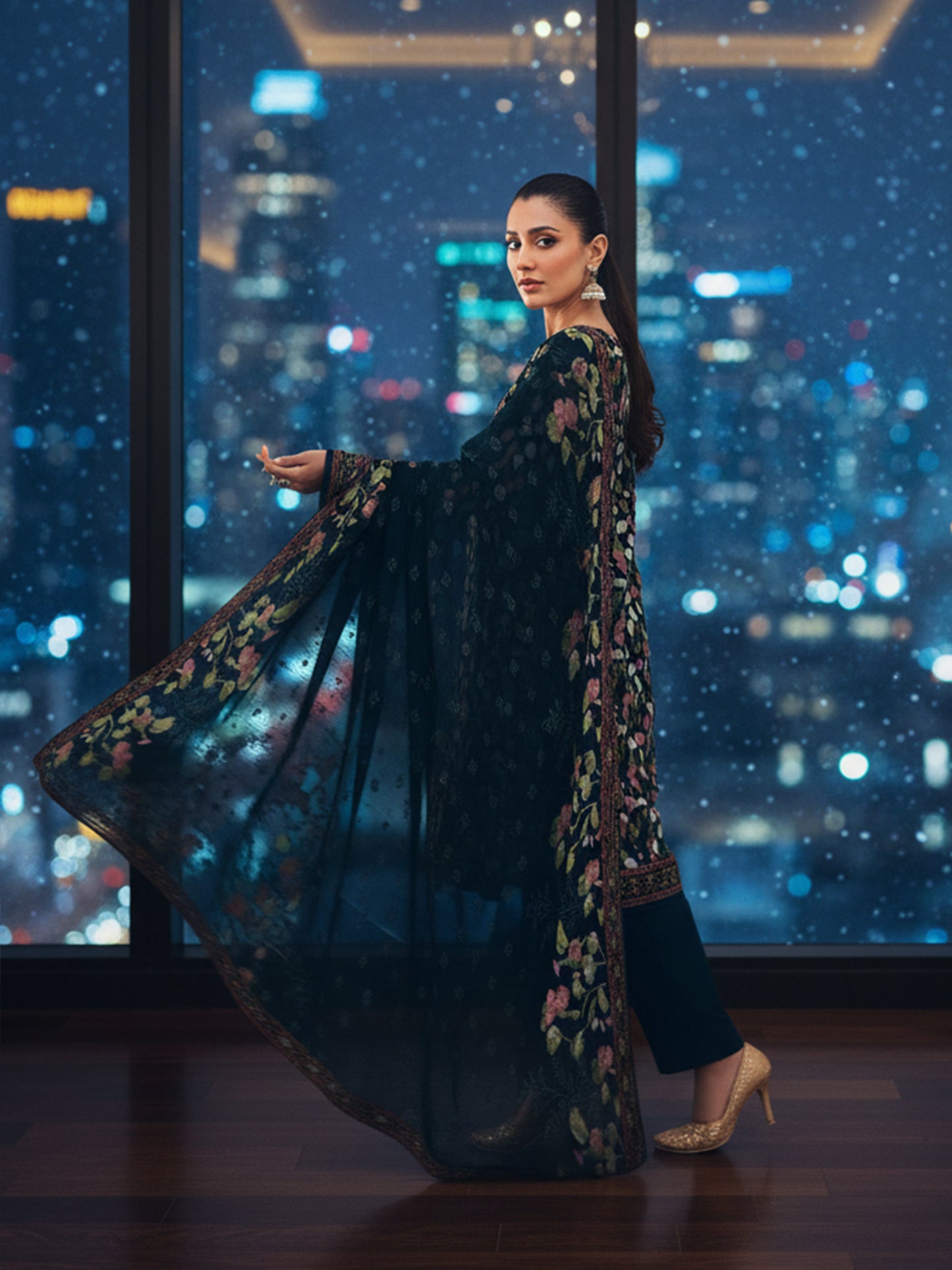 Nishat Micro Bloom: Dhanak 3PC Suit - Dense Digital Print with Plain Dyed Trouser