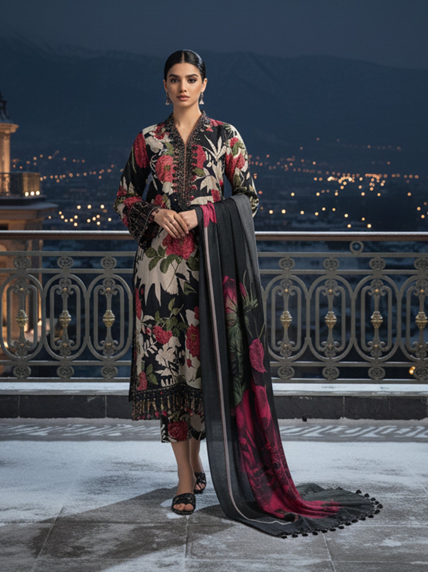 BAROQUE Scarlet Noir: Designer Dhanak 3PC - Black Base with Mega-Floral Dupatta Print