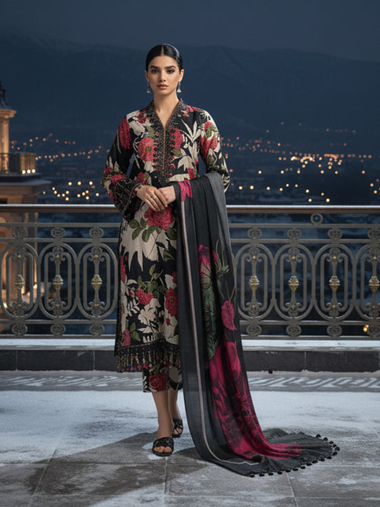 BAROQUE Scarlet Noir: Designer Dhanak 3PC - Black Base with Mega-Floral Dupatta Print