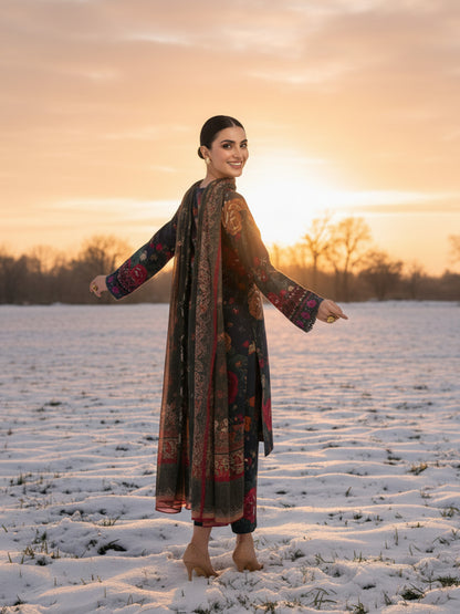 BAROQUE Midnight Mosaic: Dark Dhanak 3PC Digital Suit - Floral & Animal Print Fusion