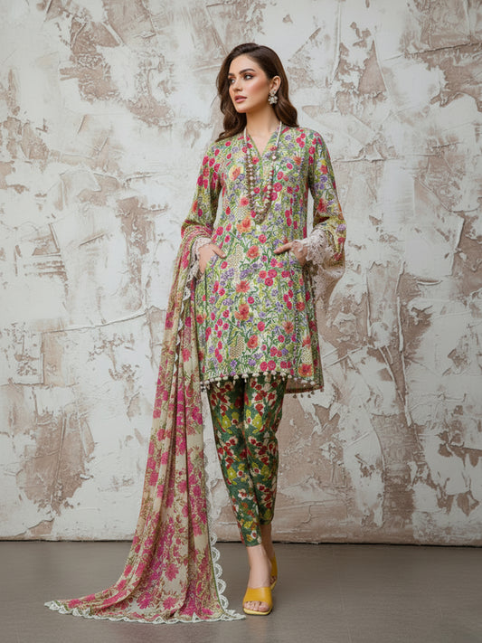MARIA B. Bohemian Rhapsody: Printed Dhanak 3PC Suit - Vibrant All-Over Floral Design