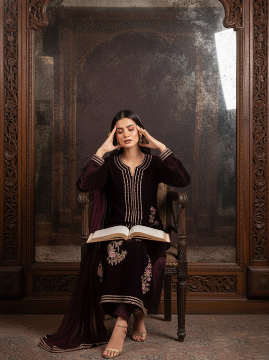 CHARIZMA | Elegant Embroidered Velvet Winter Suit with Chiffon Ready-to-Wear Dupatta