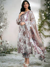 BAROQUE Lustrous Bloom: Designer Dhanak 3PC Suit - Muted Floral with Silk-Finish