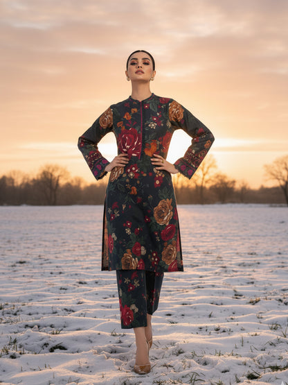 BAROQUE Midnight Mosaic: Dark Dhanak 3PC Digital Suit - Floral & Animal Print Fusion