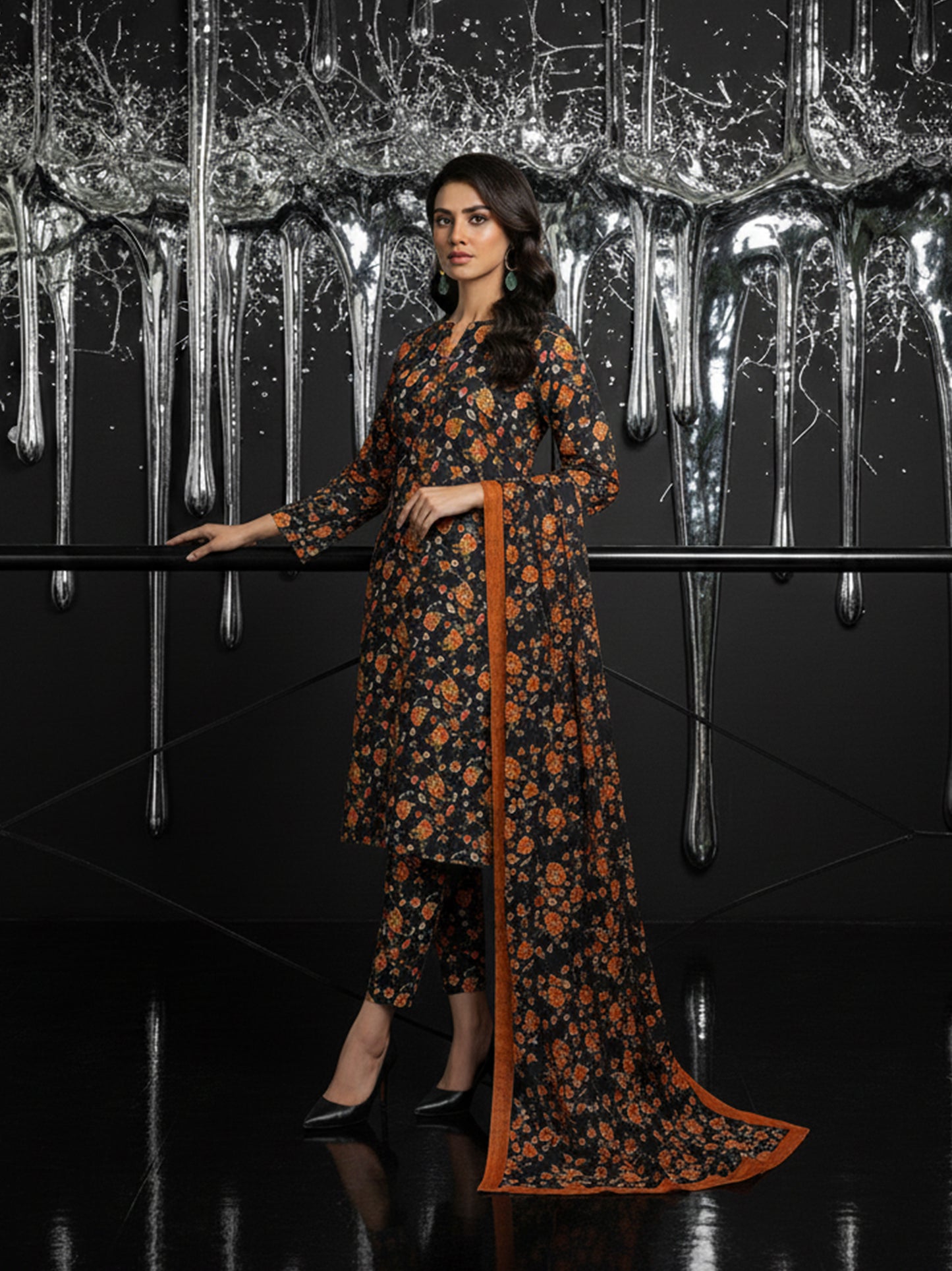 IZNIK Winter Bouquet: Classic Dhanak 3PC Suit - Dense Floral Print with Contrast Border