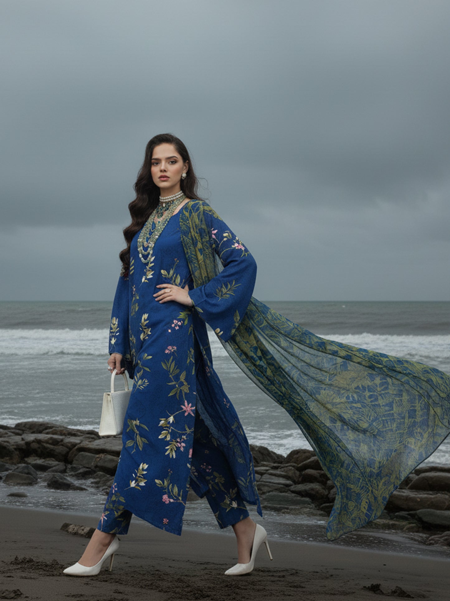 BAROQUE Tropical Grid: Modern Dhanak 3PC Suit - Bold Base with Geometric Foliage Print