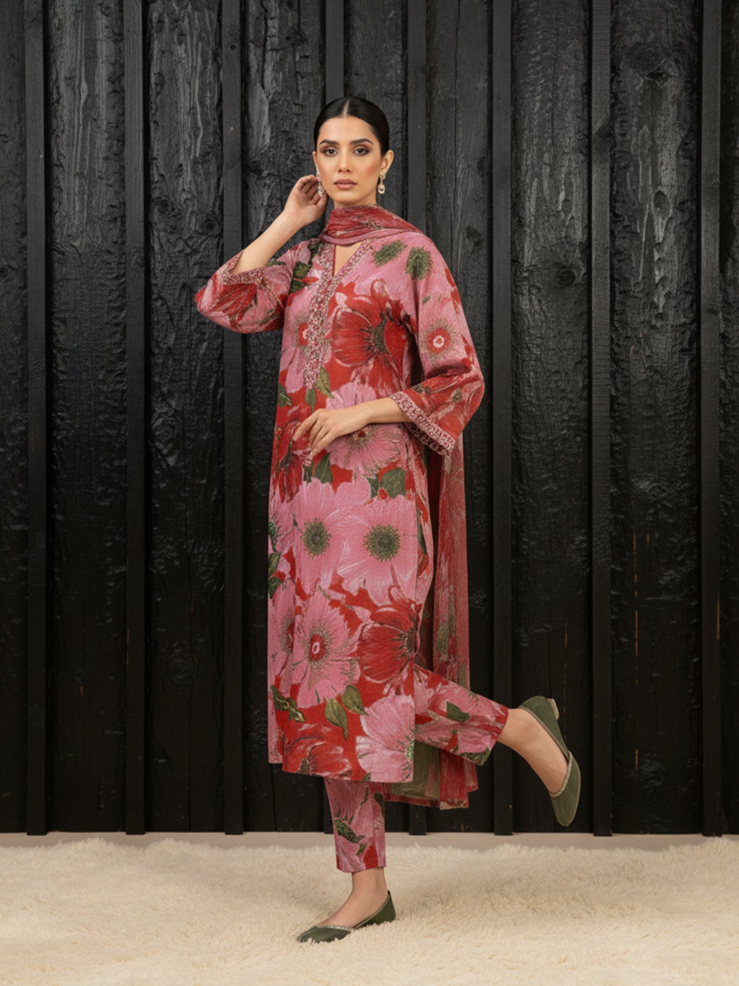 IZNIK Dahlia Abstract: Printed Dhanak 3PC Suit - Bold Floral with Geometric Stripe Dupatta