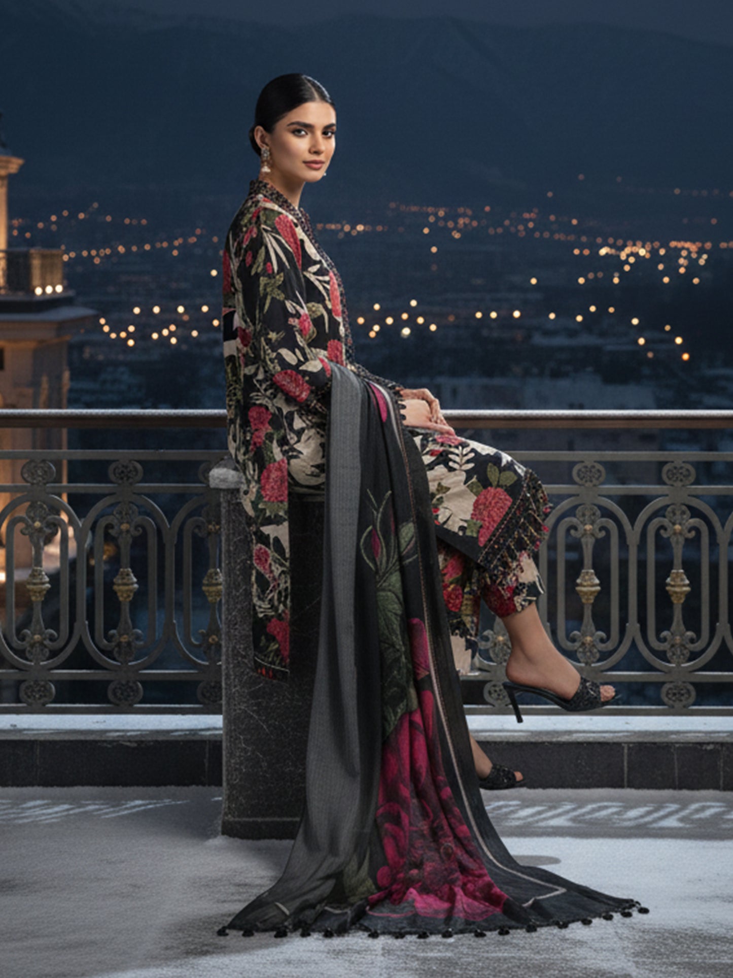 BAROQUE Scarlet Noir: Designer Dhanak 3PC - Black Base with Mega-Floral Dupatta Print