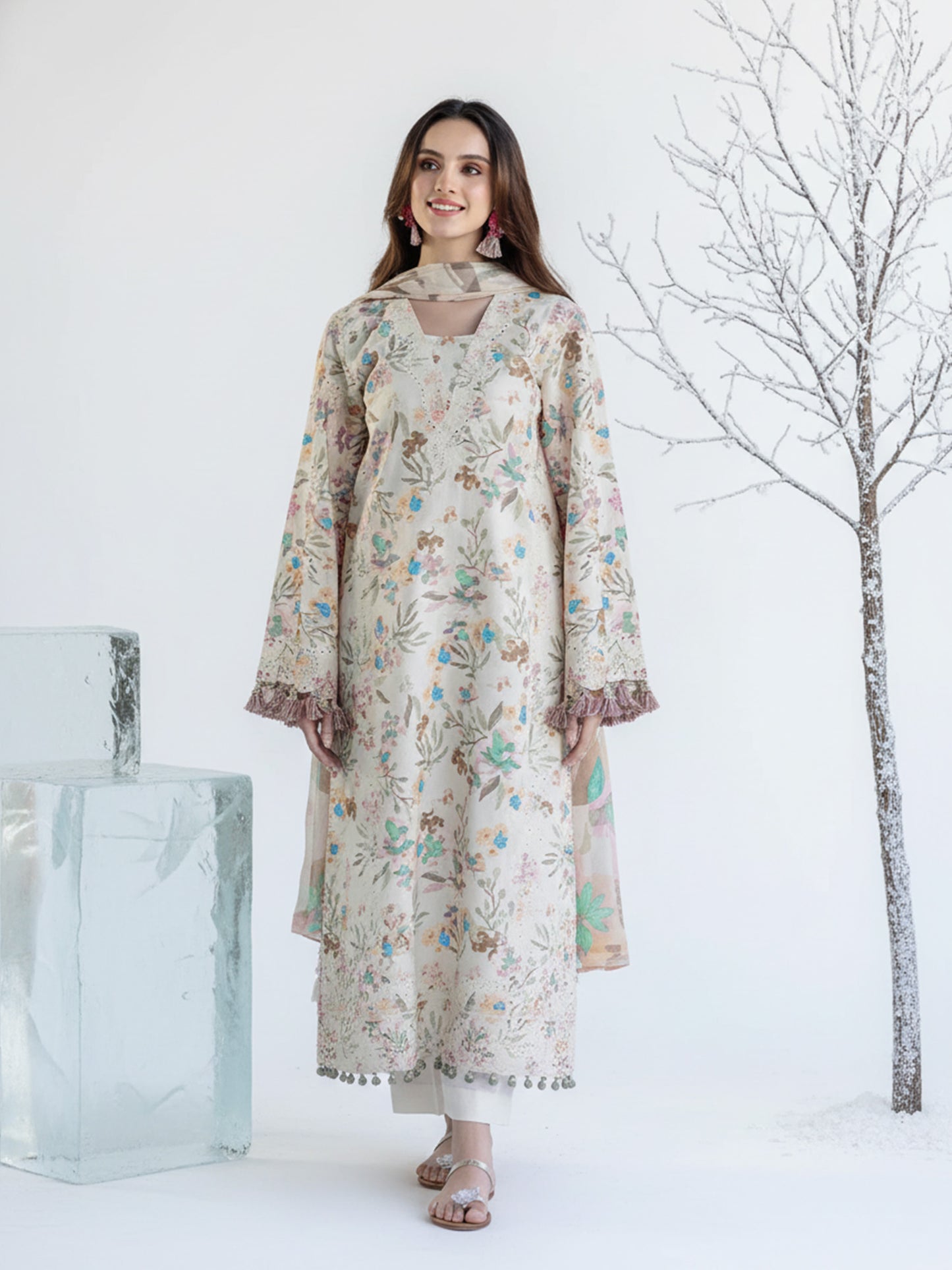 CRIMSỌN Serene Garden: Designer Dhanak 3PC Suit - Printed Shirt/Dupatta, Plain Trouser