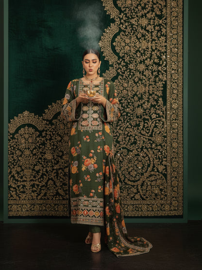 Aneelas Collection | Most Hit Design Silk Digital Printed Suit with Heavy Cut Work Embroidery