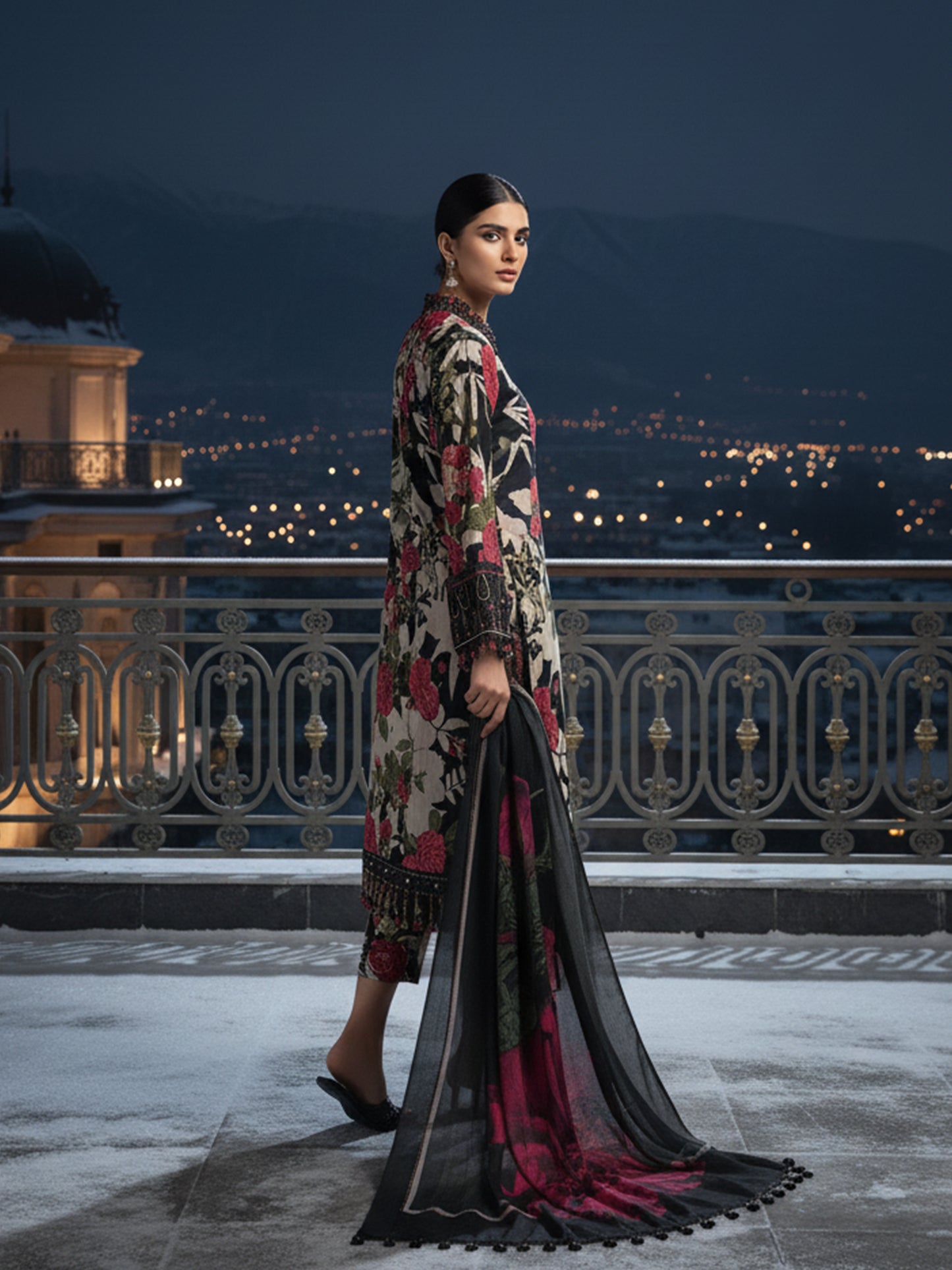 BAROQUE Scarlet Noir: Designer Dhanak 3PC - Black Base with Mega-Floral Dupatta Print
