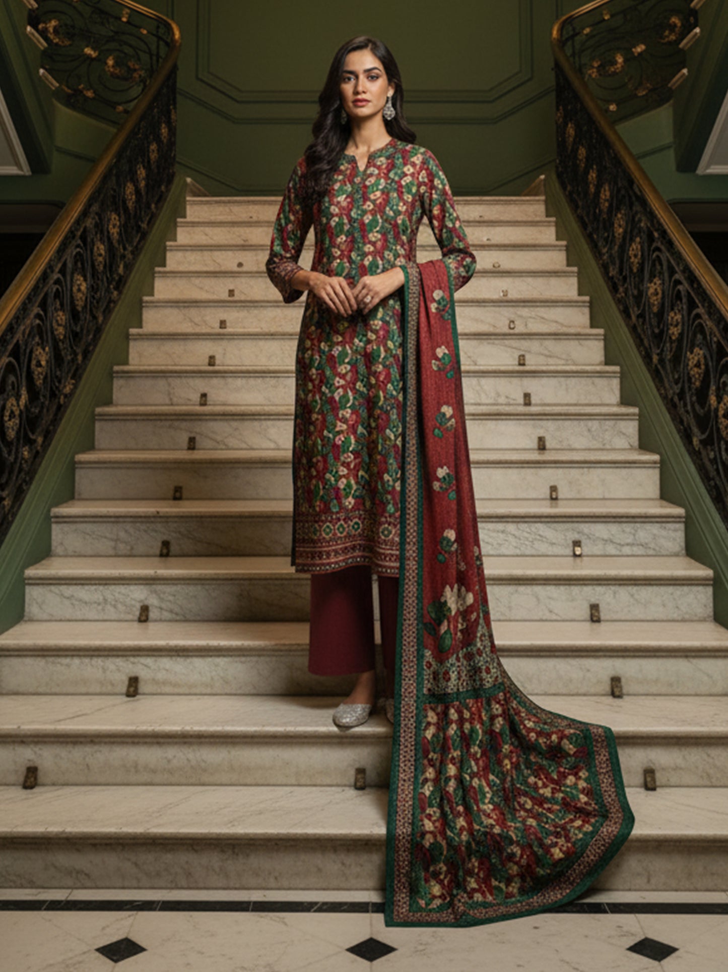 Sapphire Botanical Foliage: Dhanak 3PC Suit - Traditional Print with Dyed Trouser
