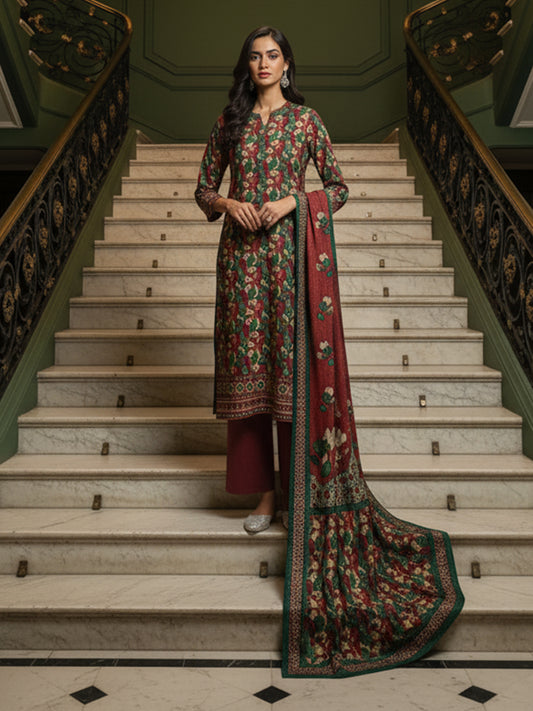 Sapphire Botanical Foliage: Dhanak 3PC Suit - Traditional Print with Dyed Trouser
