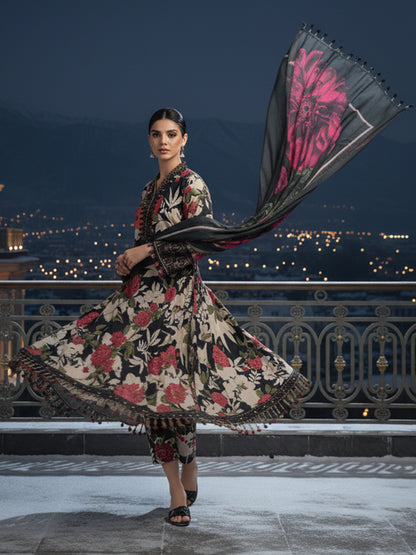BAROQUE Scarlet Noir: Designer Dhanak 3PC - Black Base with Mega-Floral Dupatta Print