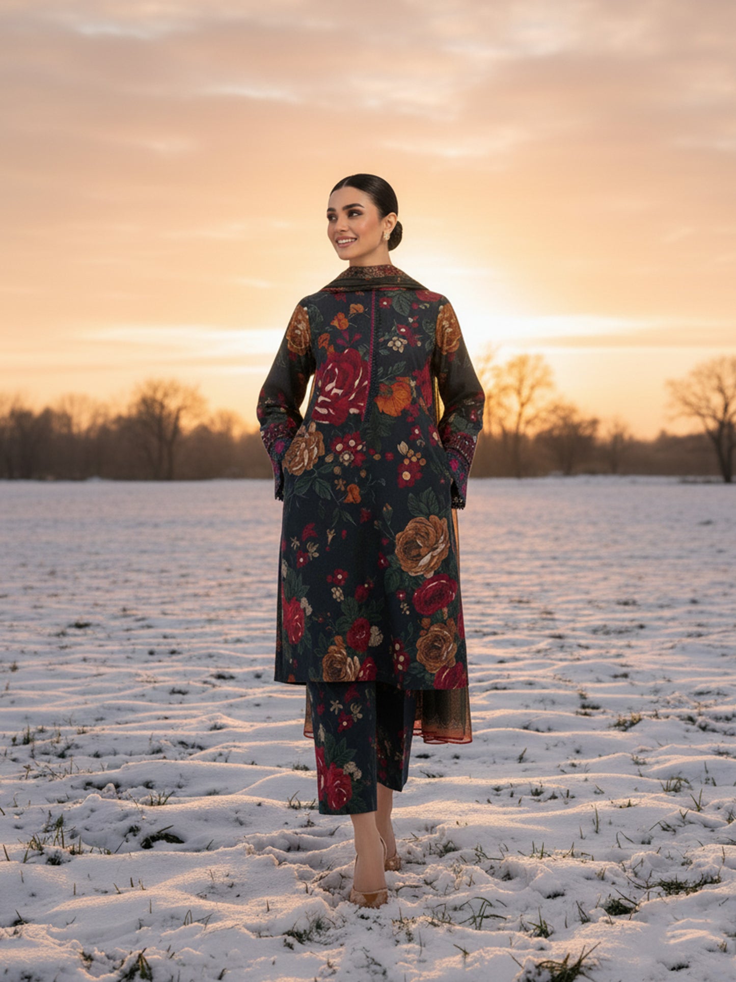 BAROQUE Midnight Mosaic: Dark Dhanak 3PC Digital Suit - Floral & Animal Print Fusion