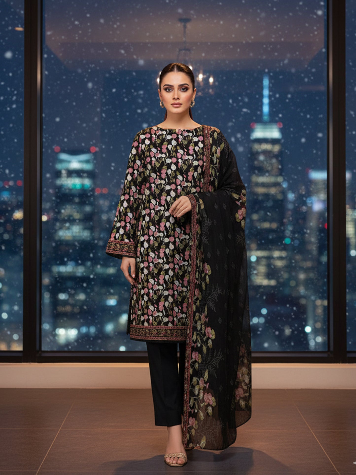 Nishat Micro Bloom: Dhanak 3PC Suit - Dense Digital Print with Plain Dyed Trouser