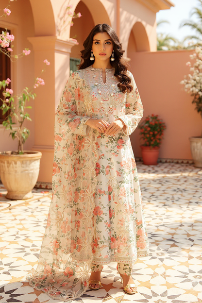 Vaniya – 3 Piece Floral Swiss Lawn with Embroidered Organza Dupatta