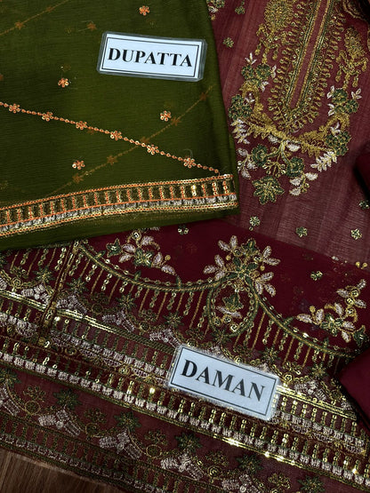 Asim Jofa – 3 Piece Chiffon Replica with Chamki Karhai