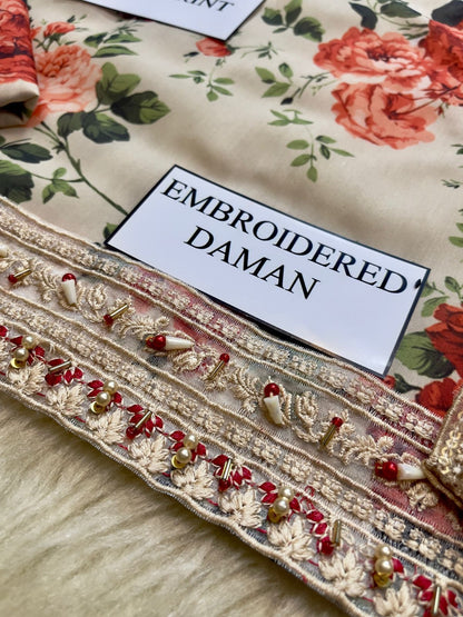 Vaniya – 3 Piece Floral Swiss Lawn with Embroidered Organza Dupatta