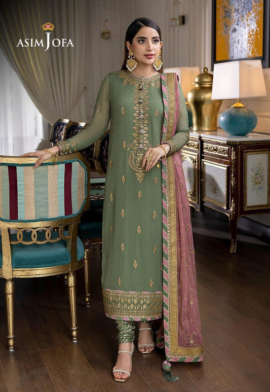ASIM JOFA Style | Heavy Embroidered Chiffon Suit with Ready-to-Wear Dupatta & Jamawar Trouser