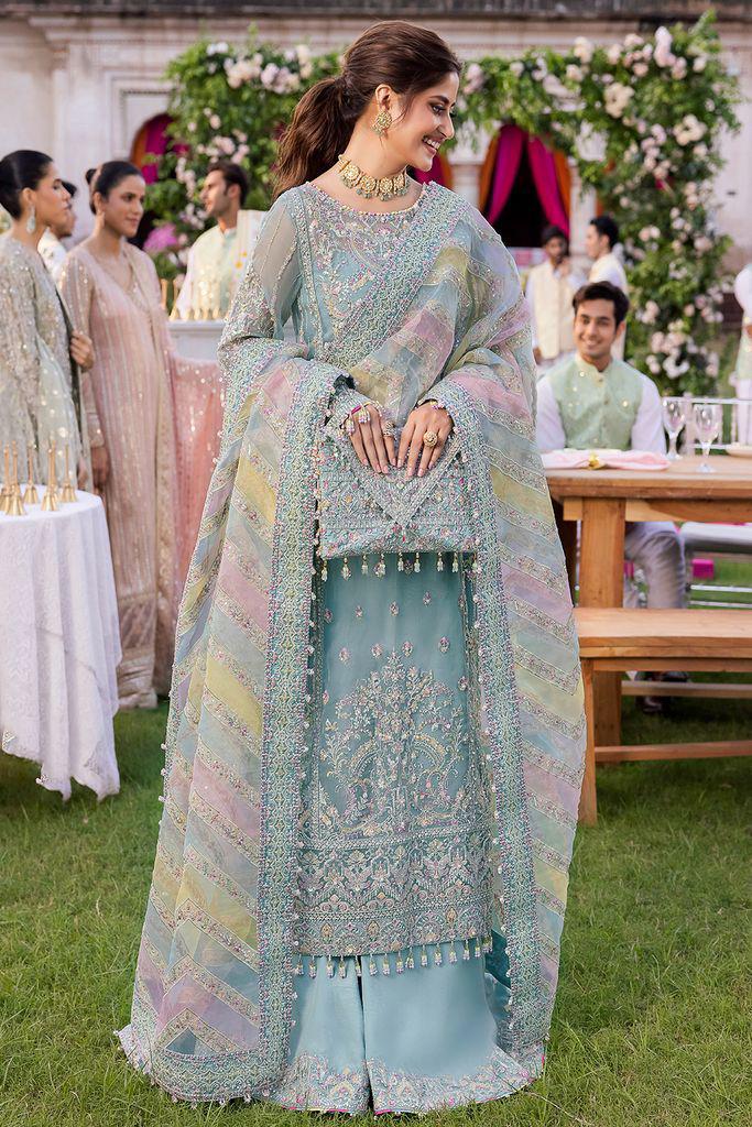 Kanwal Malik Ice Blue – Luxury Organza Suit | Multi-Color Rainbow Dupatta & Adda Work
