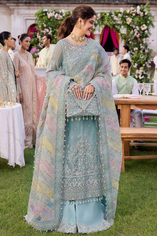 Kanwal Malik Ice Blue – Luxury Organza Suit | Multi-Color Rainbow Dupatta & Adda Work