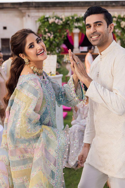 Kanwal Malik Ice Blue – Luxury Organza Suit | Multi-Color Rainbow Dupatta & Adda Work