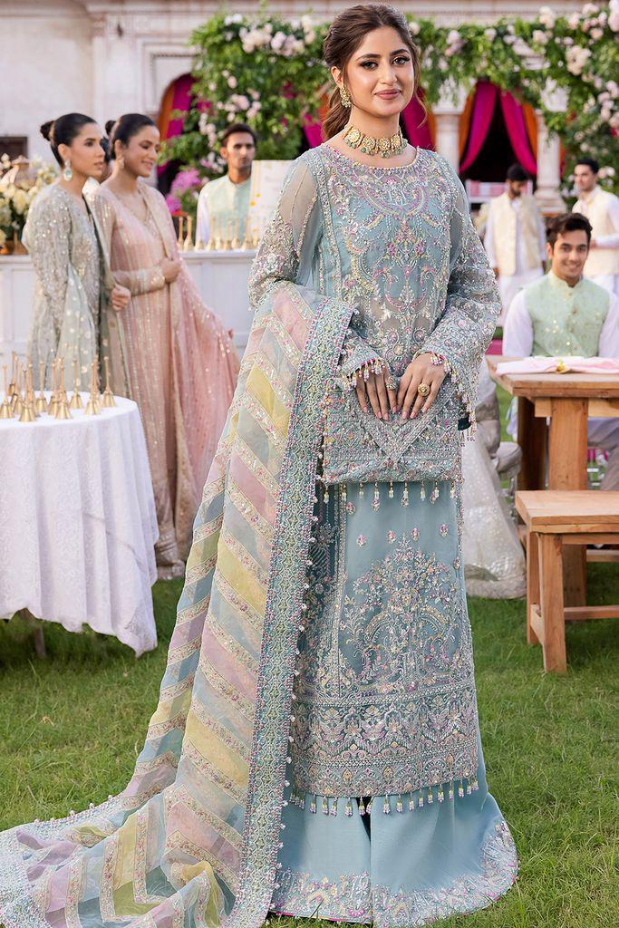 Kanwal Malik Ice Blue – Luxury Organza Suit | Multi-Color Rainbow Dupatta & Adda Work