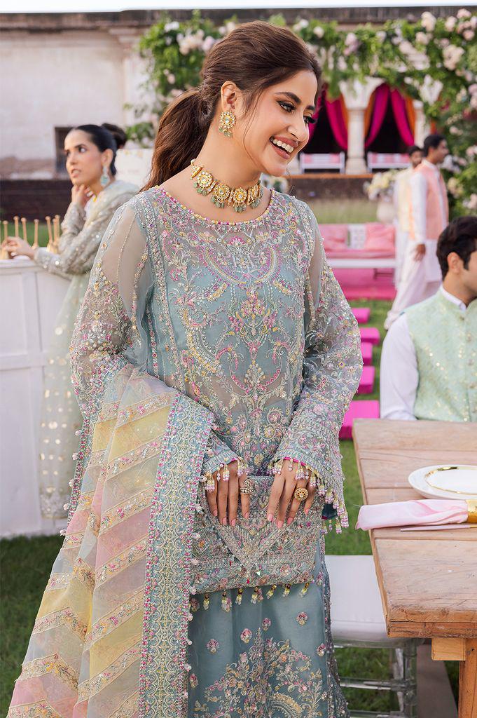 Kanwal Malik Ice Blue – Luxury Organza Suit | Multi-Color Rainbow Dupatta & Adda Work